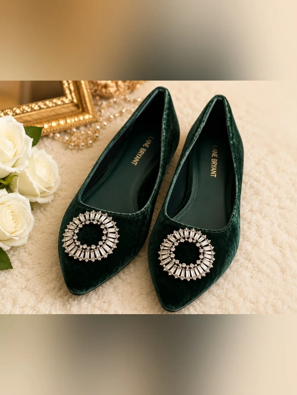 Lane Bryant Emerald Green Velvet Flats with Rhinestone Brooch